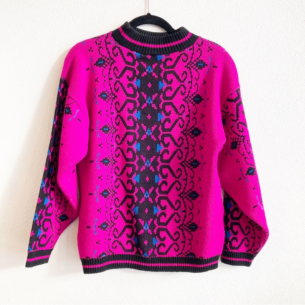 Vintage Fair Isle Sweater Pink Black Knit Made in U.S.A Acrylic Mock Neck M/L